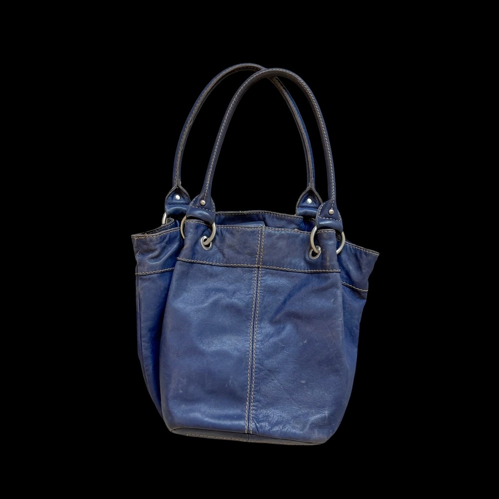 Y2K Tignanello Boho Navy Blue Leather Shoulder Bag Tote Silver Hardware